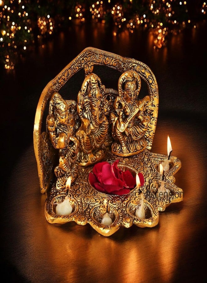 أسينشين تمثال لاكشمي غانيش ساراسواتي من مجموعة أسينشن، مصباح زيتي تقليدي لتزيين معبد ديوالي، تمثال معدني فاخر من لاكشمي غانيشا، قطع ديكور منزلية وهدايا ديوالي (ذهبي) - Image 4